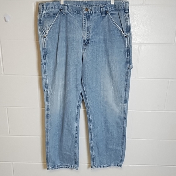 Well-worn Relaxed Fit Broke in Distressed Blue Utility Dungaree Jeans - Picture 1 of 16